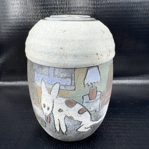 Vintage Hand Made Raku Pottery Large Vase Vessel Dog Fish Couch Signed READ - Picture 1 of 15